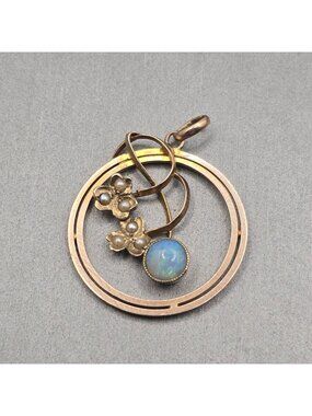 Antique Art Nouveau 9ct Gold Opal Seed Pearl Floral Circle Pendant